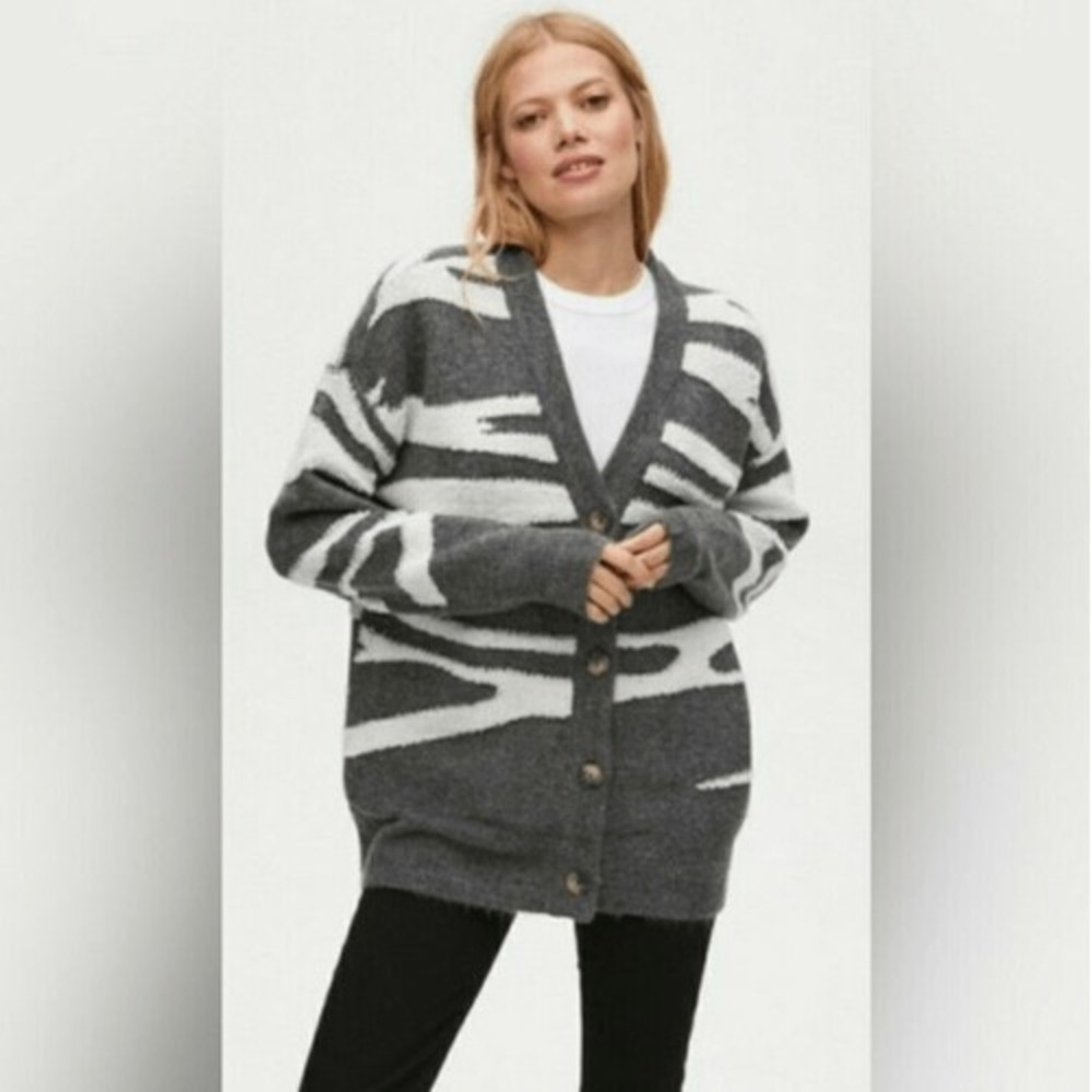 Michael Stars-Nell Cardigan‎ Sweater- Brushed Stroke Jacquard Gray Size 2X NWT!